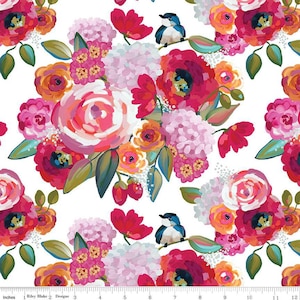 Lila Tueller Poppies & Plumes C14290 White, Riley Blake Fabric, Floral Flowers, 100% Cotton, #2632