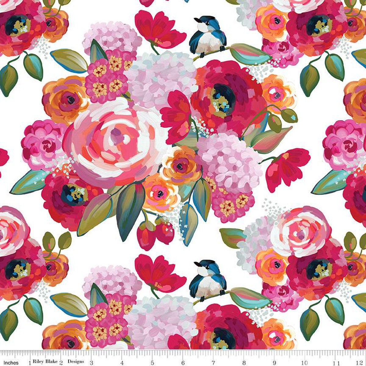 Lila Tueller Poppies & Plumes C14290 White, Riley Blake Fabric, Floral Flowers, 100% Cotton, #2632