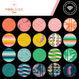 May include: A selection of vibrant, circular patterns showcasing designs such as tigers, sunglasses, and palm trees. The image includes the text "Poolside Too Collaborative Collection" and a diamond logo.