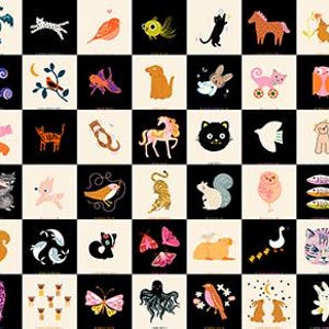May include: A fabric panel featuring a grid of alternating black and cream squares, each containing a unique colourful illustration of animals, insects, and mythical creatures, including a dragon, cats, birds, fish, rabbits, and various woodland wildlife.