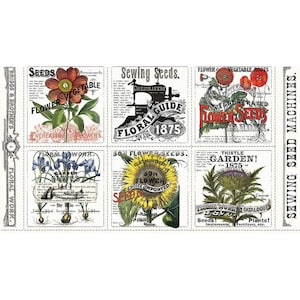 J Wecker Frisch Sewing Seeds III Garden Patch 24&quot; Panel PD15681, Riley Blake Fabric, Vintage, 100% Cotton, FBA-07