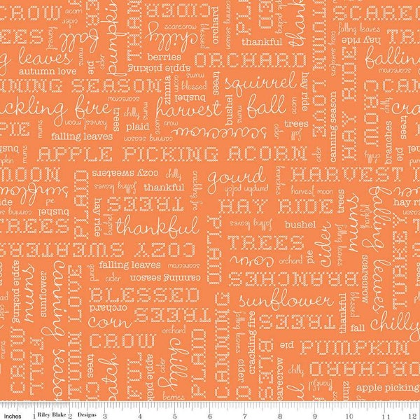 PRE-ORDER, Lori Holt Autumn Fabric, Autumn Words, C14667 Pumpkin, Riley Blake Fabric, Fall Text, 100% Cotton, April 2024 Release