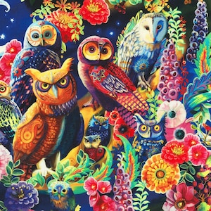 May include: A colorful fabric with a repeating pattern of owls, flowers, and leaves. The owls are in various colors, including blue, red, orange, and yellow. The flowers are in shades of pink, purple, and red. The leaves are green and brown.