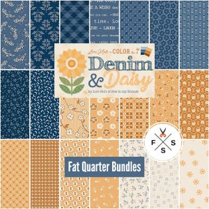 May include: A collection of fabric fat quarter bundles in various patterns and colors. The bundles feature floral, geometric, and plaid designs in shades of blue, cream, and orange. The text "Denim & Daisy" and "Fat Quarter Bundles" are visible.