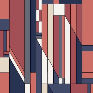 May include: A geometric pattern featuring a series of vertical and diagonal lines creating rectangular and triangular shapes. The color palette consists of muted red, dark navy blue, light beige, and white, all separated by thin black outlines.