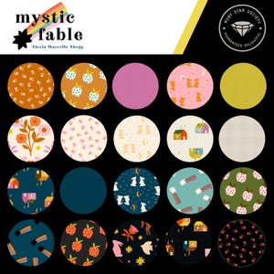 May include: A collection of fabric swatches in various colors and patterns. The swatches are arranged in circles and feature designs such as apples, flowers, rabbits, and houses. The text "mystic fable" is at the top.