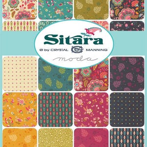 May include: A fabric charm pack featuring the Sitara collection by Crystal Manning for Moda. The set includes twenty square fabric swatches with various floral, leaf, dot, and geometric patterns in shades of teal, mustard yellow, pink, and dark gray.