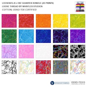 May include: A set of 20 fat quarter fabric prints featuring a loose thread design in various colours. The fabric is cotton and OEKO-TEX certified. The fabric prints are arranged in a grid pattern.