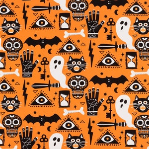 May include: Orange fabric with a repeating pattern of Halloween-themed illustrations. The design includes black cats, skulls, ghosts, bats, hourglasses, keys, and lightning bolts. White and black elements are set against an orange background.
