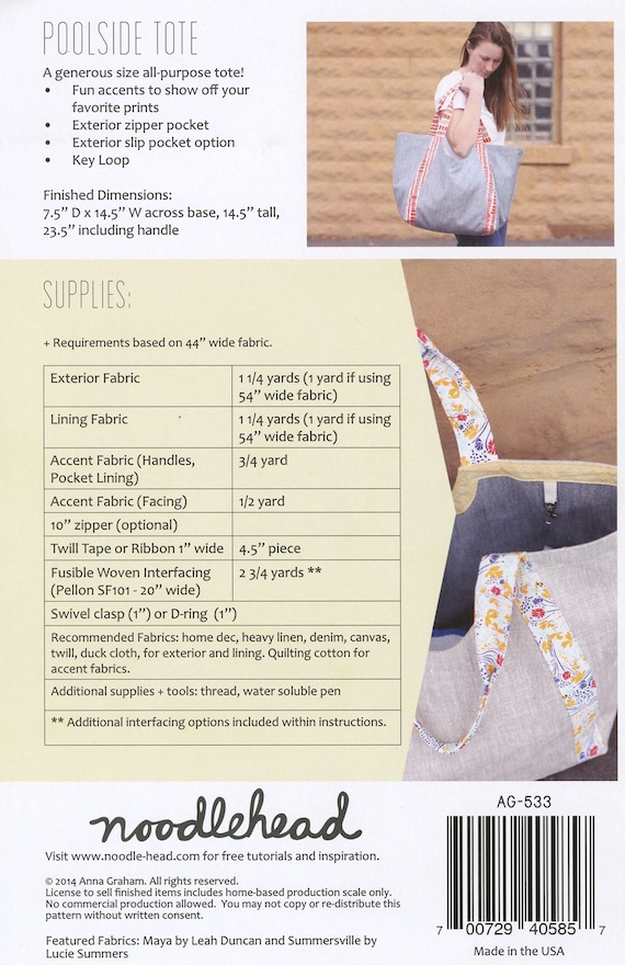 Poolside Tote Pattern by Noodlehead NOO533 Etsy