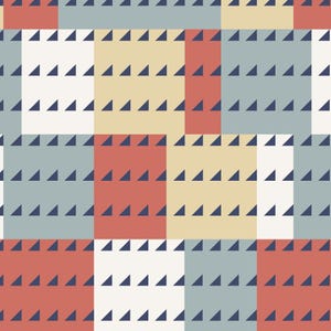 May include: Geometric pattern featuring a grid of colorful blocks in red, cream, yellow, and blue-gray. Each block is adorned with rows of small, dark blue triangles, creating a repeating design. The overall aesthetic is modern and abstract.