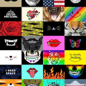 May include: A collage of colorful and creative face mask designs.  The designs include a skull, a tiger, a butterfly, a cat, a zippered mouth, a mustache, a heart, a rose, a rainbow, a fire, a shark, a dinosaur, and more.  The text "I need space" and "I'm actually smiling" are also included in the collage.
