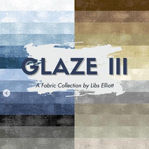May include: A fabric collection named "GLAZE III" by Libs Elliott. The image is split into four sections, each displaying a different colour palette. The colours include shades of blue, brown, grey, and beige, with a textured, distressed appearance.