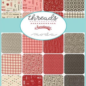 May include: A collection of 12 fabric squares featuring various patterns in shades of red, brown, and cream. The patterns include polka dots, plaid, hearts, and geometric shapes. The fabric squares are arranged in a grid pattern and are labeled "threads Sweetwater moda".