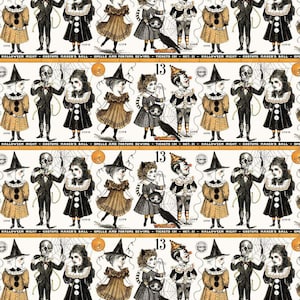 May include: A repeating pattern featuring vintage Halloween illustrations. The design includes figures dressed as witches, skeletons, and other characters, along with the number "13" and text like "Halloween Night". The color palette is primarily black, orange, and cream.