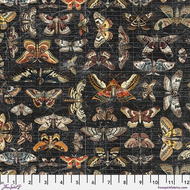 May include: A fabric with a dark background featuring a grid pattern and numerous moth illustrations in various colors. The moths have detailed wing patterns in shades of brown, orange, and cream. The fabric includes text and measurements in inches.
