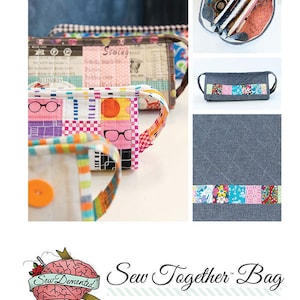 May include: A collection of colorful Sew Together Bags, perfect for sewing supplies. The bags feature patchwork designs with various patterns and colors, including pink, blue, and orange. The image also shows the Sew Demented logo.