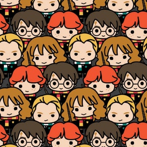 May include: A seamless pattern featuring cartoon characters with various hairstyles and facial expressions. The characters are wearing different colored clothing and have a whimsical, cartoonish style. The background is a solid color.