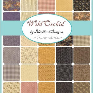 May include: A fabric collection called "Wild Orchid" by Blackbird Designs for Moda Fabrics. The collection features 24 different fabric squares with various patterns and colors, including floral, geometric, and paisley designs.