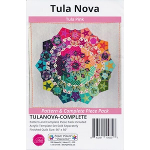 May include: A quilt pattern set package with a vibrant, star-shaped quilt design. The quilt is composed of fabric pieces in pink, purple, green, and orange hues. The package displays the text "Tula Nova" and "Tula Pink". The finished quilt size is 142cm x 142cm.