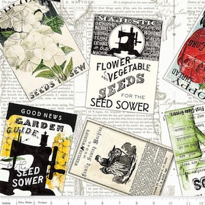J Wecker Frisch Sewing Seeds III Seed Packs Toss CD15687 White, Riley Blake Fabric, Vintage, 100% Cotton, FBA-11