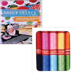 May include: A set of 10 spools of 100% cotton thread 50 Wt, each containing 220 yards. The packaging features the text happy colors by Bee in my Bonnet and Lori Holt. The spools are arranged in a grid, displaying a variety of solid colors including red, pink, yellow, orange, dark blue, light blue, and green.