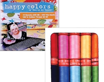 May include: A set of 10 spools of 100% cotton thread 50 Wt, each containing 220 yards. The packaging features the text happy colors by Bee in my Bonnet and Lori Holt. The spools are arranged in a grid, displaying a variety of solid colors including red, pink, yellow, orange, dark blue, light blue, and green.