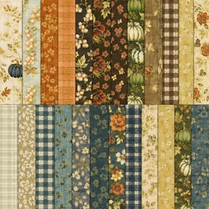 May include: A collection of fabric strips featuring various autumn-themed patterns including pumpkins, floral motifs, plaid, and checkered designs in shades of orange, brown, cream, blue, and green, arranged in a grid of vertical rectangular segments.