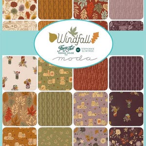 May include: A selection of fabric squares with autumnal patterns. Designs include floral, leaf, and pumpkin motifs in shades of orange, brown, green, and purple. The central oval features the text "Windfall" and "Fancy That by Stephanie Sliwinski".