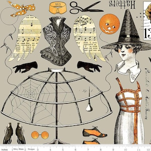 May include: A collage-style design featuring vintage illustrations of fashion accessories and Halloween-themed elements. Includes a witch's hat, corset, shoes, and a cage crinoline. The color palette is muted with beige, black, orange, and white.
