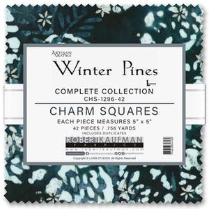 May include: A stack of 42 fabric charm squares from the Artisan Batiks Winter Pines collection by Robert Kaufman Fabrics. Each square measures 5 inches by 5 inches, featuring a dark teal and white batik pattern with floral and leaf motifs.