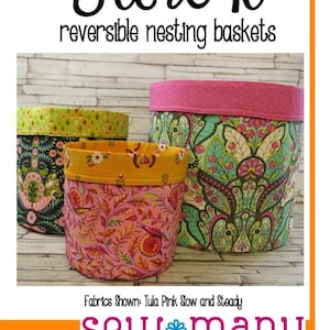 May include: Three reversible nesting baskets in various sizes. The baskets feature colorful floral and paisley patterns in pink, green, and yellow. The text "Store It" and "reversible nesting baskets" is displayed at the top.