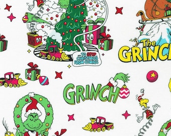 Dr. Seuss How the Grinch Stole Christmas White ADED-23101-1, Robert Kaufman Fabric, Christmas, 100% Cotton, #2750-GRINCH
