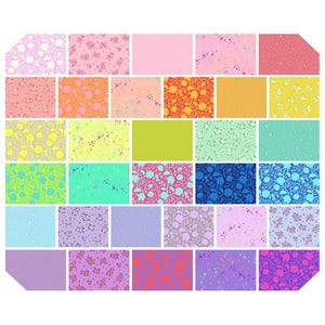 May include: A collection of 25 fabric squares with various floral patterns in shades of pink, yellow, green, blue, and purple. The fabric squares are arranged in a grid pattern.