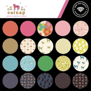 May include: A collection of 20 fabric circles featuring various patterns, including cats, flowers, stars, and geometric designs. The circles are arranged in a grid pattern on a black background. The text "catnap" and "Alexia Marcelle Abegg" are displayed at the top of the image. The text "Ruby Star Society" and "Guaranteed Delightful" are displayed in a diamond shape at the top right corner of the image.