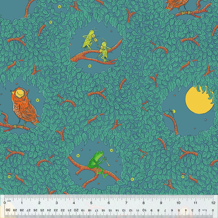 Heather Ross Forestburgh Night Music Teal 53846-7, Windham Fabric, Owl Frogs Moon, 100% Cotton Fabri
