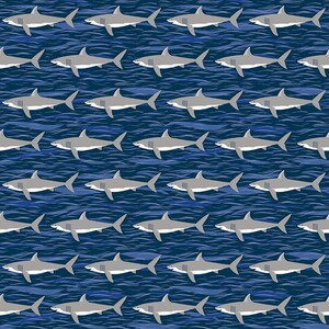 May include: A repeating pattern of gray sharks swimming in a wavy blue ocean. The sharks are depicted in a side profile, with their fins and tails visible. The background is a dark blue with white wavy lines.