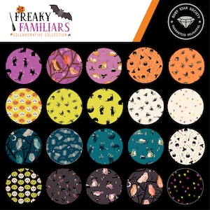 May include: A selection of circular fabric patterns with a Halloween theme. Designs feature black cats, owls, bats, pumpkins, spiders, and witch hats. The text "FREAKY FAMILIARS COLLABORATIVE COLLECTION" is visible.