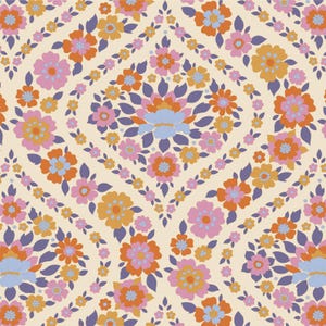 May include: A seamless pattern featuring a repeating design of stylised flowers in shades of orange, pink, blue, and purple on a cream background.