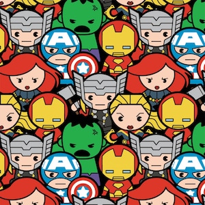 May include: A colorful pattern featuring cartoon characters from the Marvel universe. The characters include Iron Man, Captain America, Thor, Hulk, Black Widow, and others. The pattern is perfect for fabric, wallpaper, or other creative projects.