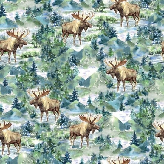 Cotton Quilt Fabric Panel Twilight Lake Scenic Cabin Moose Elk Deer Bear 24