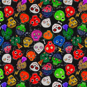 May include: A black background with a repeating pattern of colorful skull illustrations. The skulls are drawn in a cartoon style with various colors, patterns, and details. Some skulls have stars, stripes, or other decorative elements.