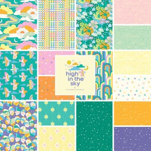 May include: A fabric swatch collection featuring various patterns including clouds, rainbows, birds, butterflies, and geometric shapes in teal, yellow, pink, and orange. A central square label displays the text high in the sky by Elizabeth Olwen.