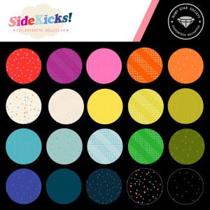 Peut inclure: Une collection de vingt échantillons de tissu circulaires disposés en grille sur un fond noir. Les cercles présentent divers motifs, notamment des points, des rayures et des couleurs unies dans des tons de rouge, rose, orange, jaune, vert, bleu et noir.