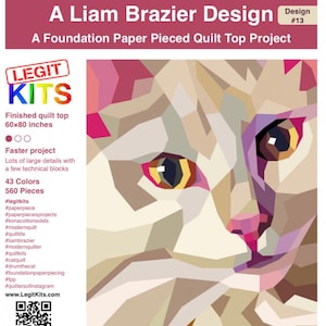 May include: A paper pieced quilt pattern featuring a close-up of a cat's face. The quilt is made up of geometric shapes in shades of pink, purple, yellow, orange, brown, and white. The pattern is called "Drum the Cat" and is a Liam Brazier design. The quilt is 152 cm by 203 cm and has 43 colours and 560 pieces.