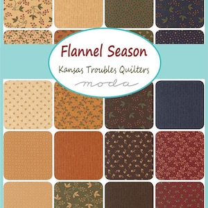 May include: A selection of fabric squares in autumnal hues and diverse patterns. The squares display designs such as floral prints, geometric shapes, and solid colours. The text "Flannel Season" and "Kansas Troubles Quilters" is visible.
