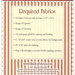 May include: Patchwork Apple Table Runner sewing pattern with instructions for a table runner measuring 31.75 cm by 138.43 cm. The pattern requires various red fabrics, green and brown scraps, green plaid fabric, cream tone on tone fabrics, and a backing fabric. The pattern also requires fusible applique product. The pattern is copyright 2013 Jennifer Bosworth.