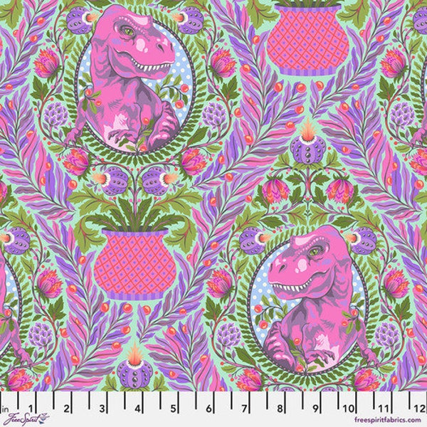 Tula Pink Roar Tree Rex, PWTP222 Mist, Free Spirit Fabric, Dinosaurs Floral, 100% Cotton, #FS705