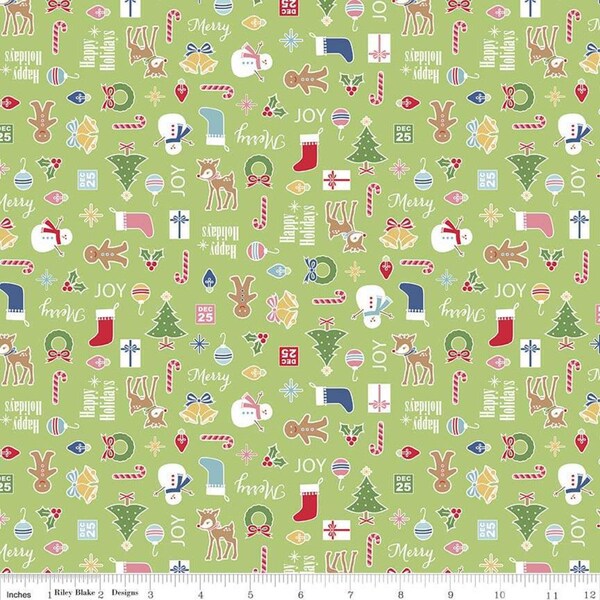 Lori Holt Cozy Christmas, C5360 Green, Riley Blake Fabric, Holiday Gingerbread Deer Trees Snowman Candy Cane, 100% Cotton, #2577