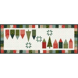 Peut inclure: Un chemin de table en patchwork vert et rouge sur le thème de Noël. Le chemin de table présente une rangée de maisons vertes et rouges, un sapin de Noël vert et une rangée de fanions rouges et verts.
